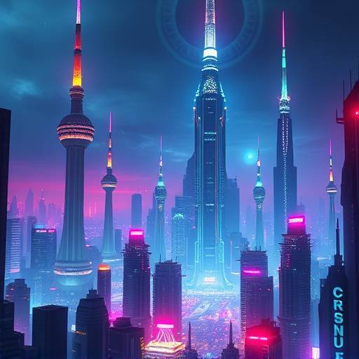 A futuristic cityscape with glowing communication towers